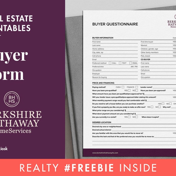 Berkshire Hathaway Home Buyer Form, Buyer Consultation Form, Client Consultation Form, Real Estate Form, BHHS Marketing Printable Pdf