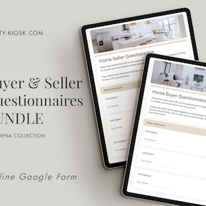 May include: Two tablets display real estate questionnaires. One shows a home seller questionnaire, the other a home buyer questionnaire. The text "Buyer & Seller Questionnaires BUNDLE" is displayed in a stylish font. The website address "REALTY-KIOSK.COM" is visible.