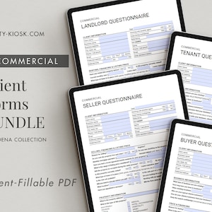 May include: Four digital forms on computer screens, each labeled with a different commercial real estate questionnaire: Landlord, Seller, Tenant, and Buyer. The forms are titled "Commercial Client Forms Bundle, Pasadena Collection, Client-Fillable PDF".