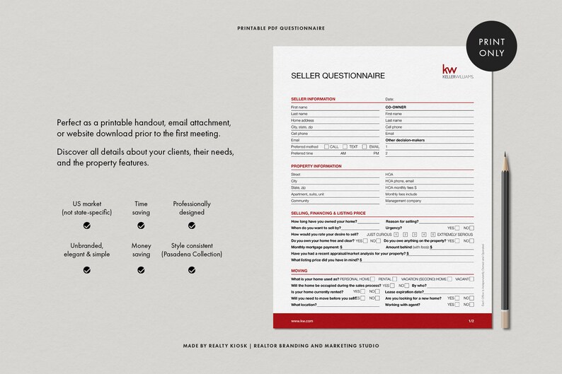 Keller Williams Seller Questionnaire, Client Consultation Form, Seller Consultation Questionnaire, Real Estate Form, KW Marketing, KW Realty image 2