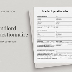Puede incluir: Un formulario de cuestionario para arrendadores en blanco y negro con el título "Landlord Questionnaire" y el texto "REALTY-KIOSK.COM" en la parte superior. El formulario incluye secciones para la información del arrendador, la información de la propiedad, el alquiler, la financiación y el precio de la lista.
