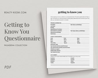 Getting To Know You, Real Estate Client Questionnaire, Getting to Know You Intake Form, Client Intake, Realtor Marketing, Realtor Forms, PDF