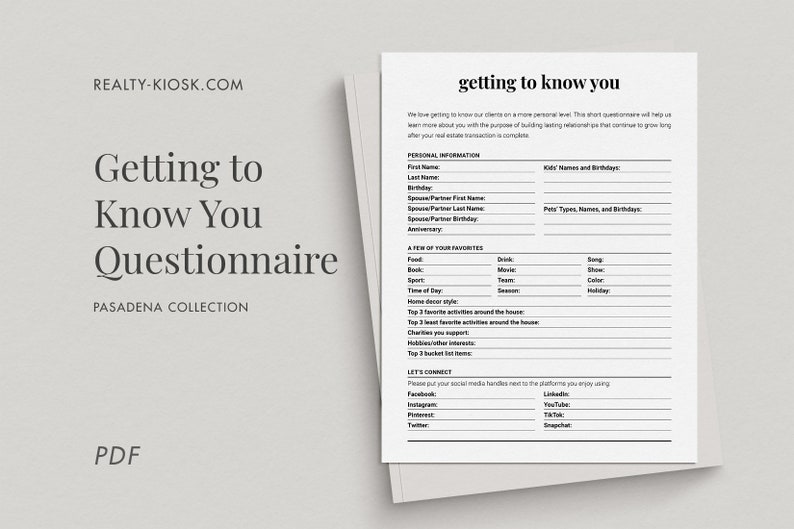 Getting to Know You, Real Estate Client Questionnaire, Getting to Know