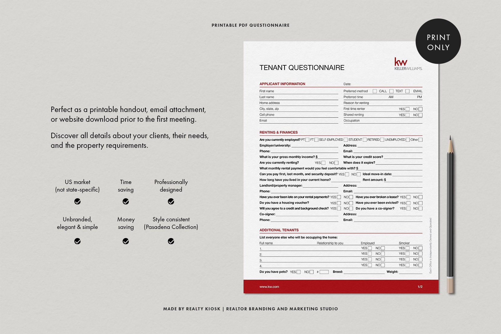 Keller Williams Tenant Questionnaire, Tenant Intake Form, KW Realtor