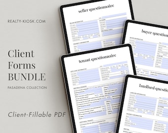 Paquete de bienes raíces, cuestionario para compradores y vendedores, consulta para clientes, formularios de admisión de propietarios e inquilinos, solicitud de arrendamiento, PDF rellenable