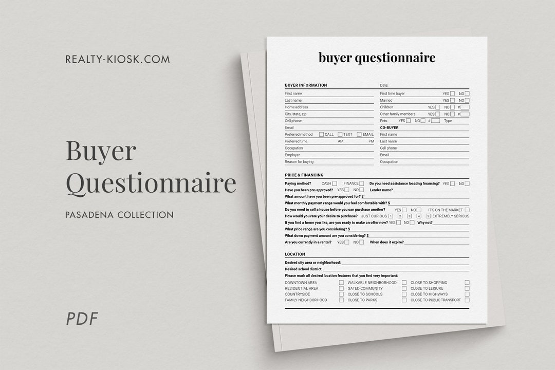 Real Estate Buyer Questionnaire, Buyer Consultation Form, Client
