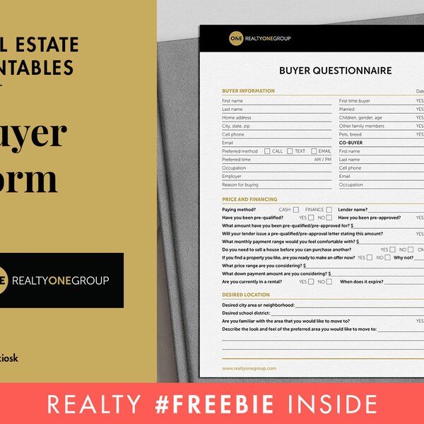 Realty ONE Group Buyer Questionnaire Form, Buyer Consultation Form, Client Questionnaire Form, Real Estate Form, One Realty Buyer Form