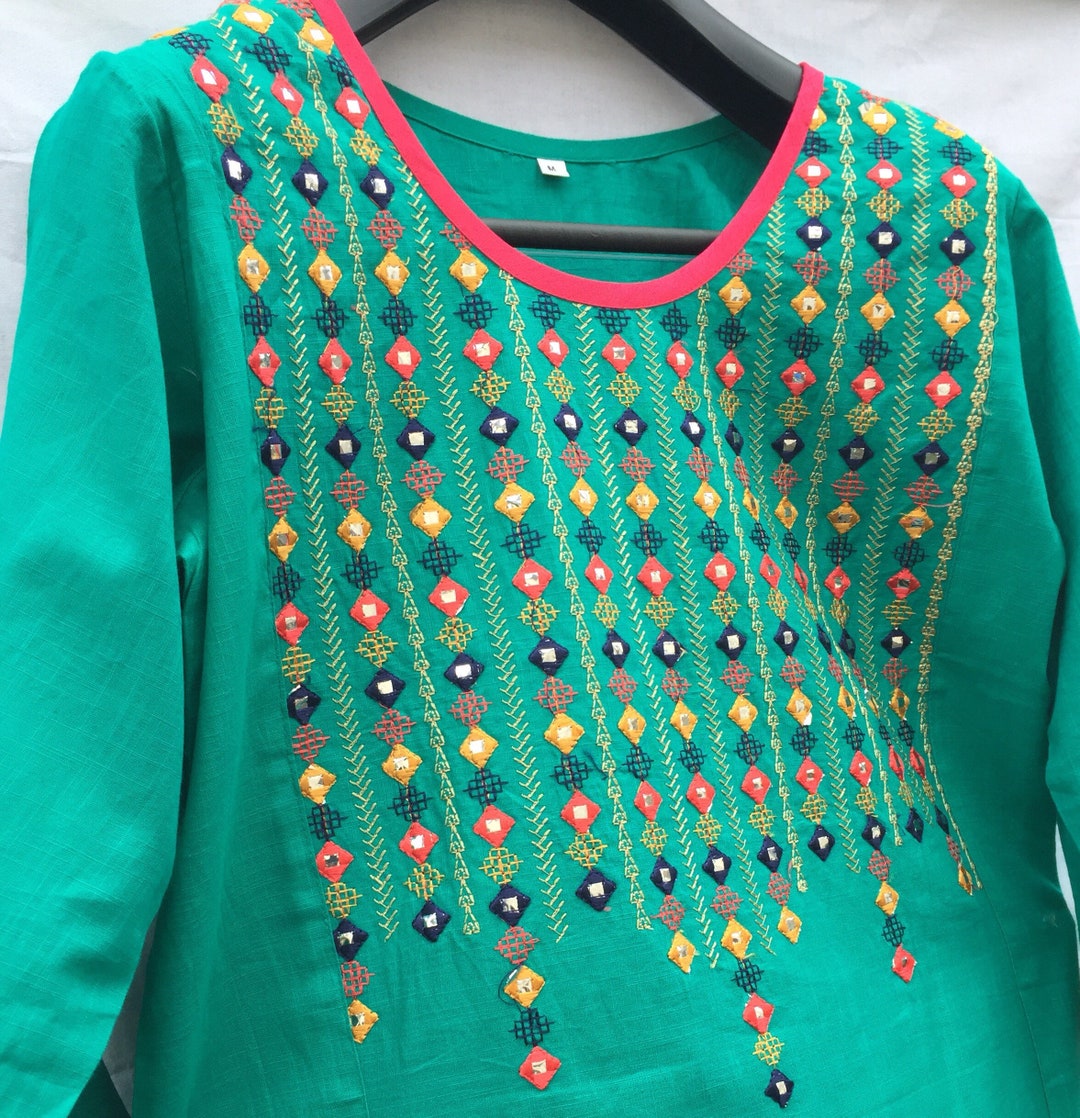 Green Mirror Work and Embroiderd Cotton Kurtaembroidered - Etsy