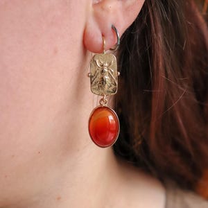 Bronze earrings with bee and carnelian, antique earrings, historical jewelry, archaeological jewelry, carnelian jewelry