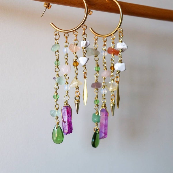 Boucles d’oreilles en acier inoxydable PRIMAVERA avec pendentifs en pierre dure, pendentifs en pierre dure, boucles d’oreilles en pierres semi-précieuses, boucles d’oreilles pendentif