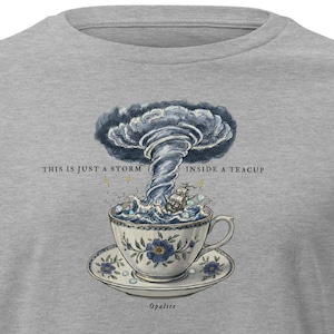 Könnte beinhalten: Graues Langarmshirt mit einer skurrilen Illustration. Das Design zeigt eine Teetasse mit einem Sturm darin, ein Schiff auf den Wellen und den Text "THIS IS JUST A STORM INSIDE A TEACUP". Das Wort "Opalite" steht unten.