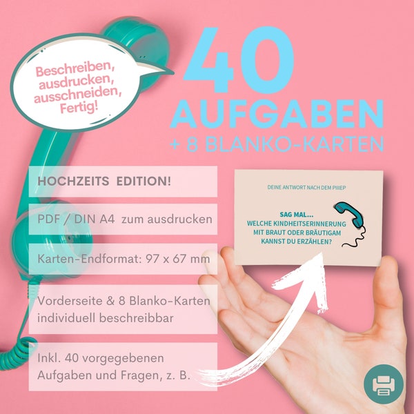 Audio Gästebuch Kartenspiel, PDF mit 40 vordefinierten Aufgaben und 8 Blanko-Karten für eigene Ideen. Vorderseite individuell beschreibbar!