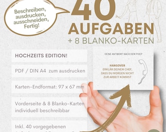 Audio Gästebuch Kartenspiel, PDF mit 40 vordefinierten Aufgaben und 8 Blanko-Karten für eigene Ideen. Individuell beschreibbar! Brautpaar