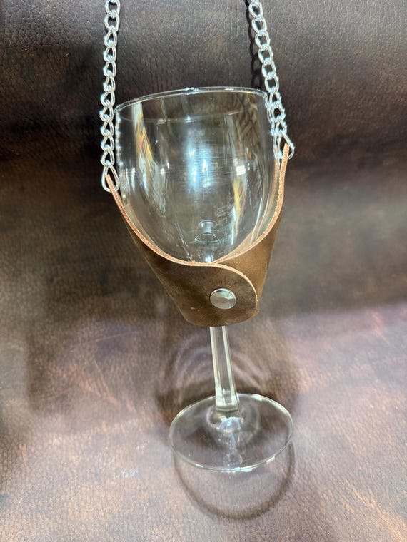 Leather Wine Glass Holder Necklace: Brown with silver chain