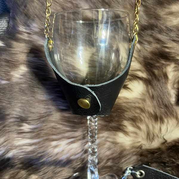 Leather wine glass holder necklace black leather heavy duty chain.  Multiple colors