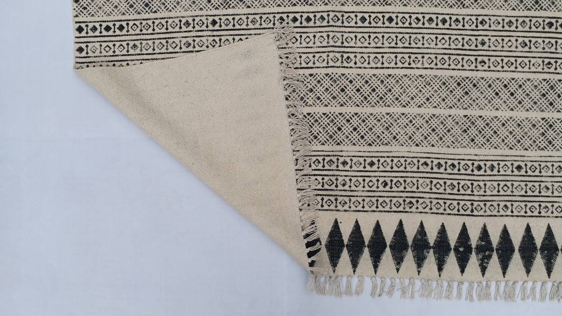 Multi Size Cotton Black & White Hand Block Print Indian Rug- Handmade ...