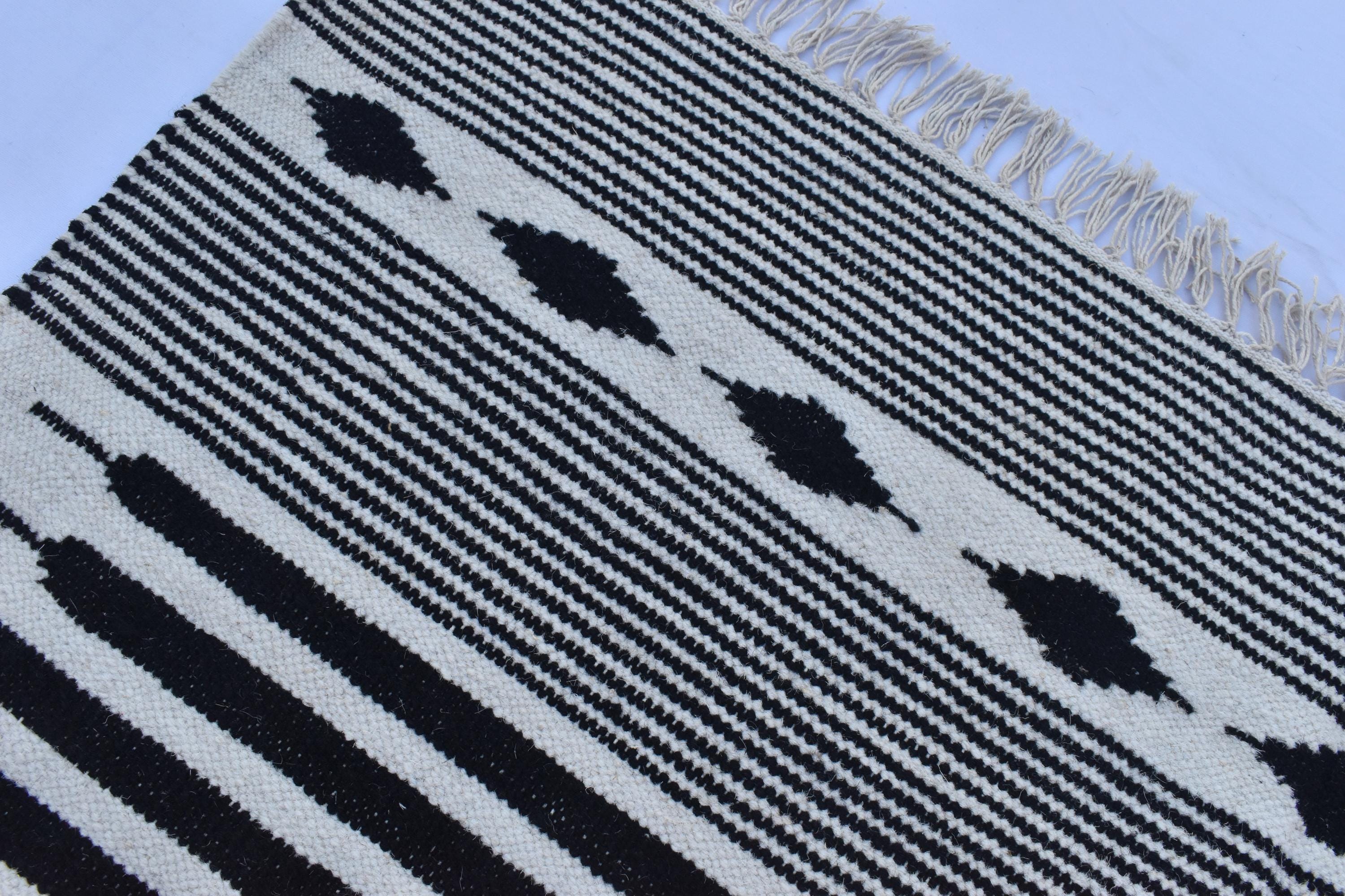 New Zealand Wool White and Black Modern Stripes Flat Weave Hand 