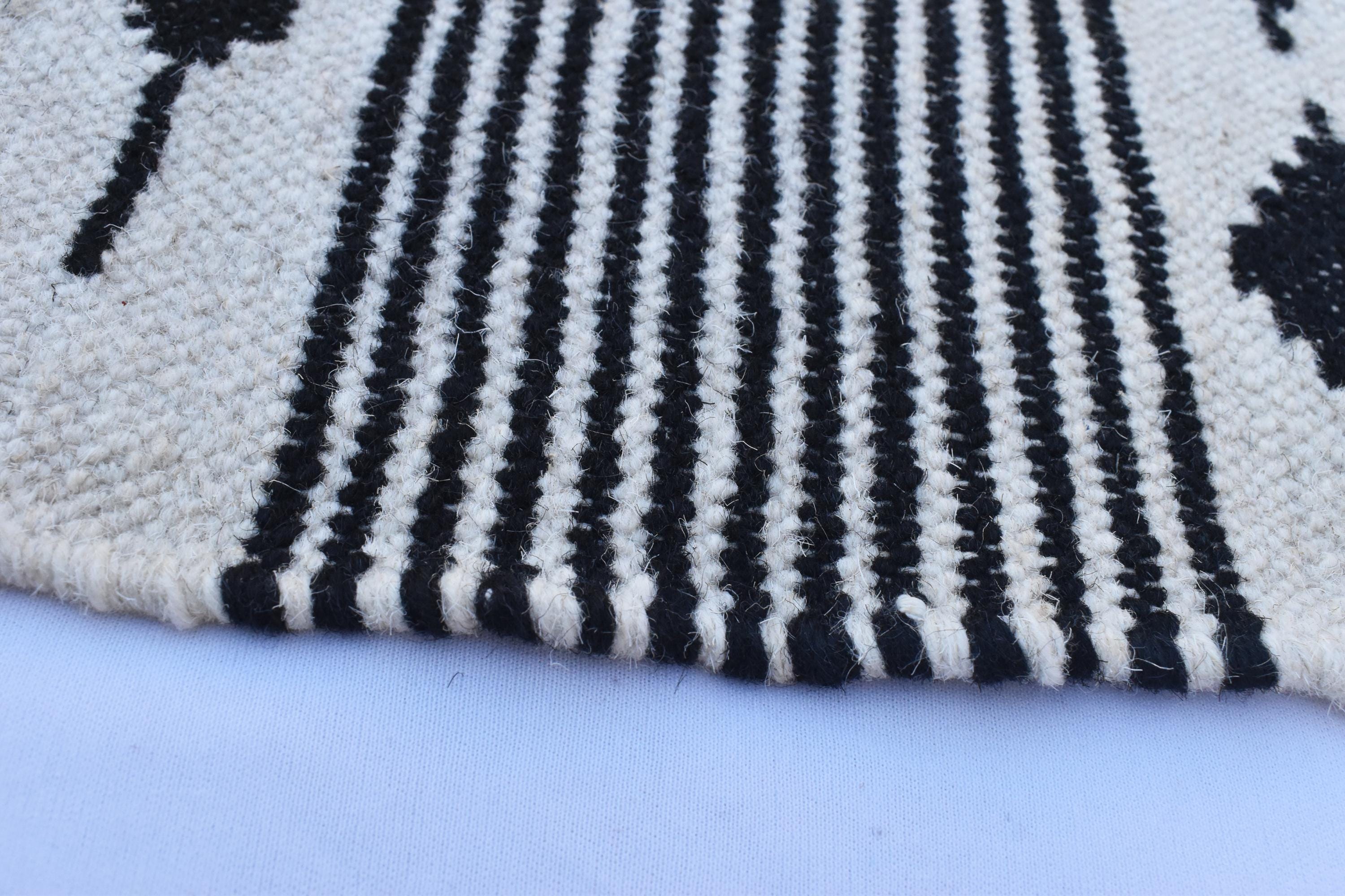 New Zealand Wool White and Black Modern Stripes Flat Weave Hand 
