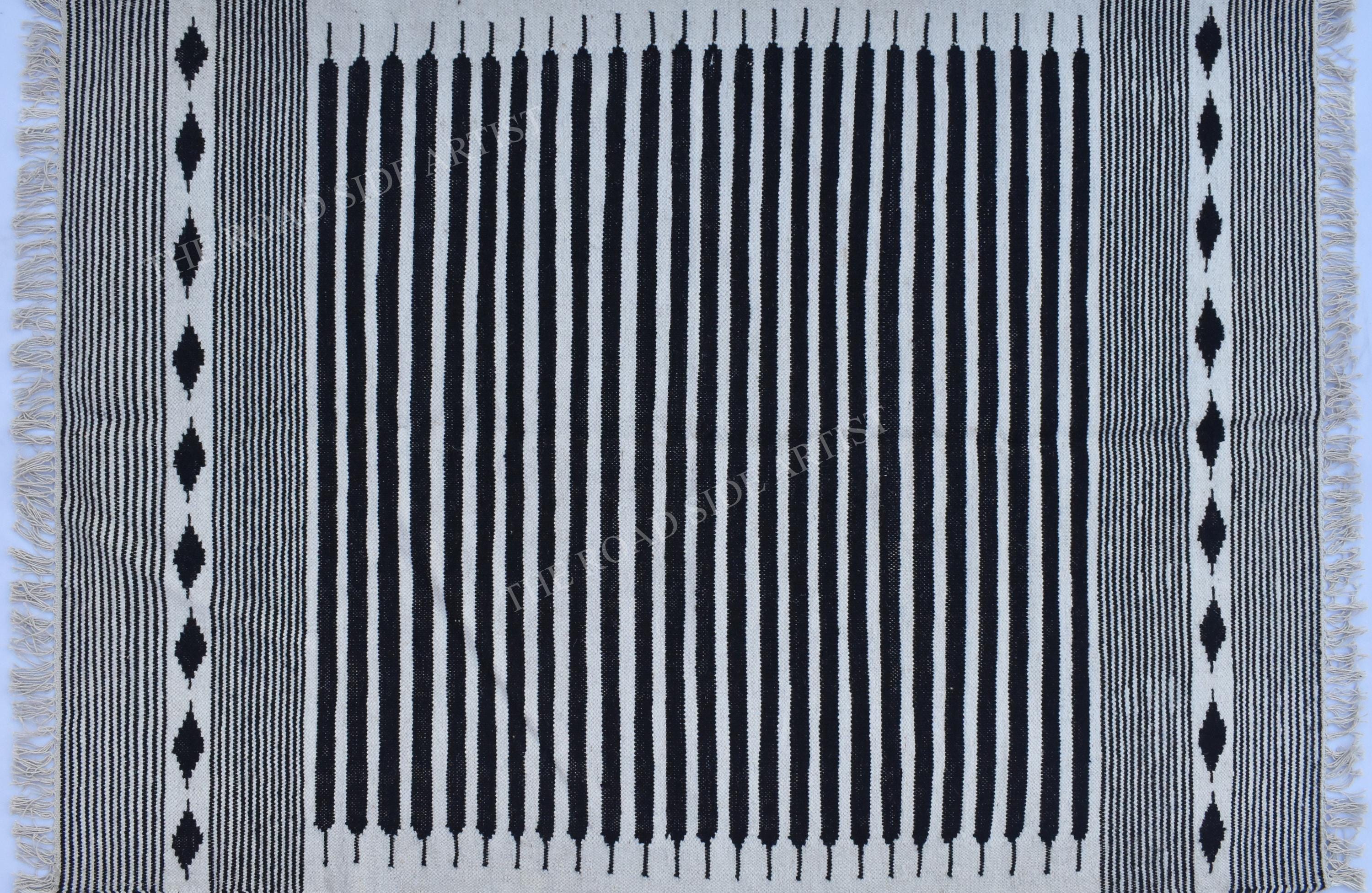 New Zealand Wool White and Black Modern Stripes Flat Weave Hand 