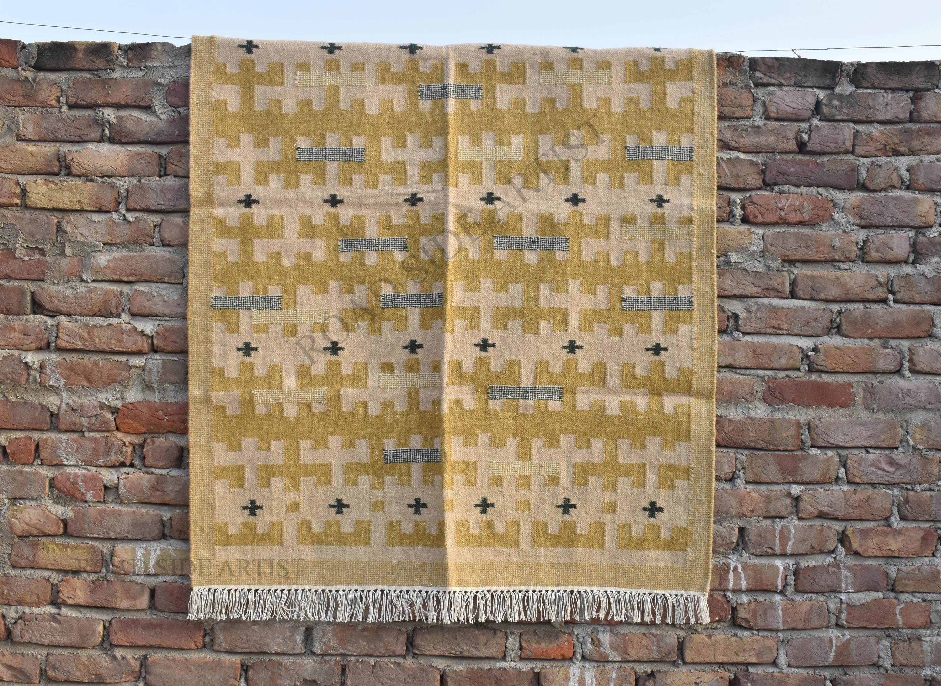 4x6 Wool Yellow and Beige Indian Woolen Rug- 100% Handmade Wool Cotton mix  Rug Kilim Carpet - Reversible Rug