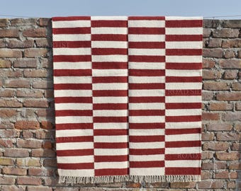 4x6 Wool Dark Red and white woven Indian Woolen Rug- 100% Handmade Wool Cotton mix Rug Kilim Carpet - Reversible Rug