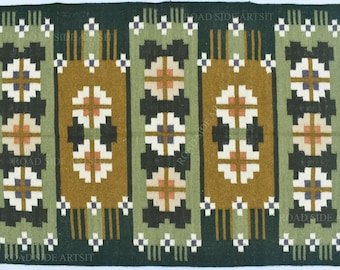 Wool Dark Green  woven Indian Woolen Rug- 100% Handmade Wool Cotton mix  Rug Kilim Carpet - Reversible Rug