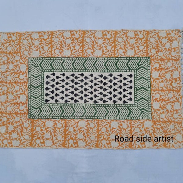 2'x3' Coton Handblock Imprimé Orange, Vert, Noir & Blanc Tapis - Imprimé bloc fait main 60 *90 cm