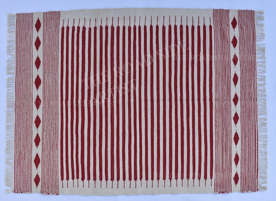 New Zealand wool Beige and Red Modern Stripes  Flat weave Hand woven Wool Rug Kilim - Reversible NEW ZEALAND WOOL Rug