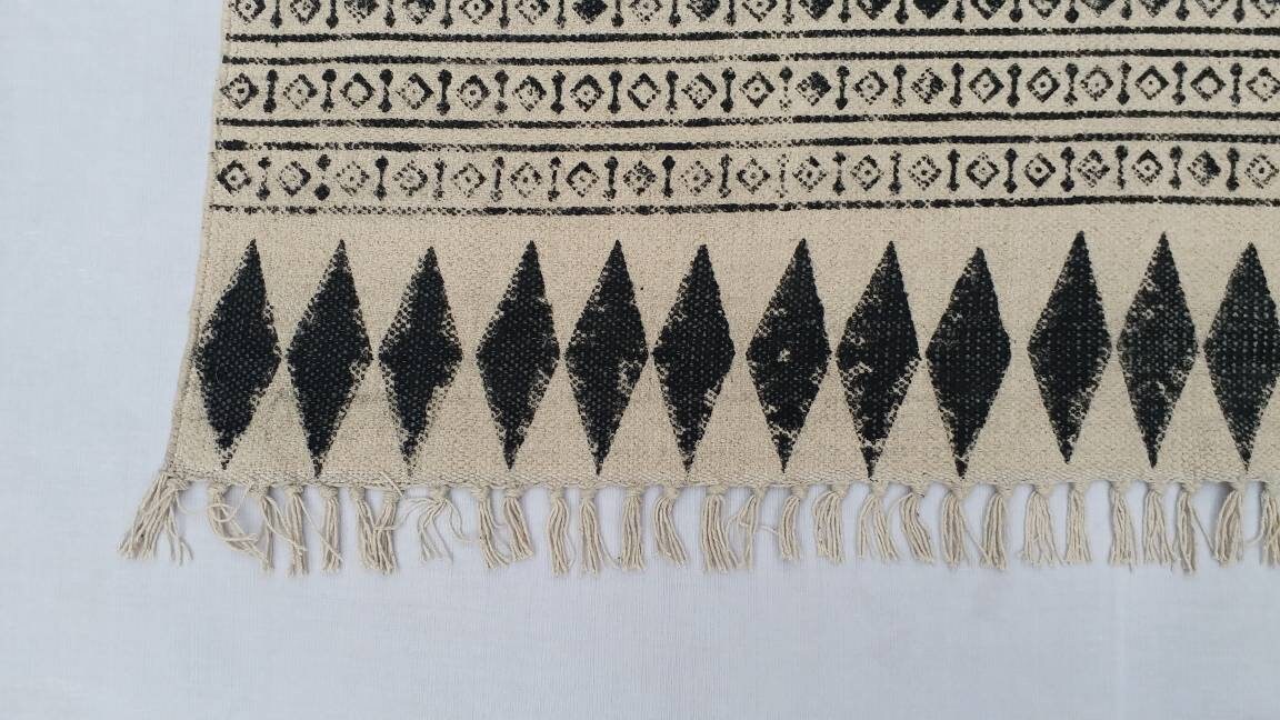 Multi Size Cotton Black & White Hand Block Print Indian Rug- Handmade ...