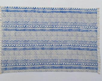 Multi Size Cotton Blue & White Handmade Hand Block Print indian Rug- Beautiful Pattern Rug