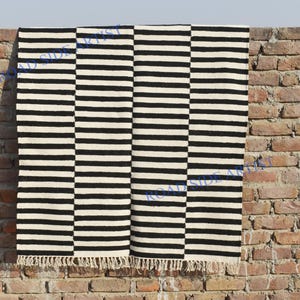 4x6 New Zealand Wool Black and white woven Woolen Rug- 100% Handmade Wool Cotton mix Rug Kilim Carpet - Reversible Rug