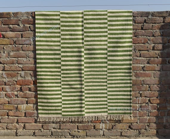 Handwoven New Zealand Wool Rug – Green & White Striped Kilim (4x6 ft)