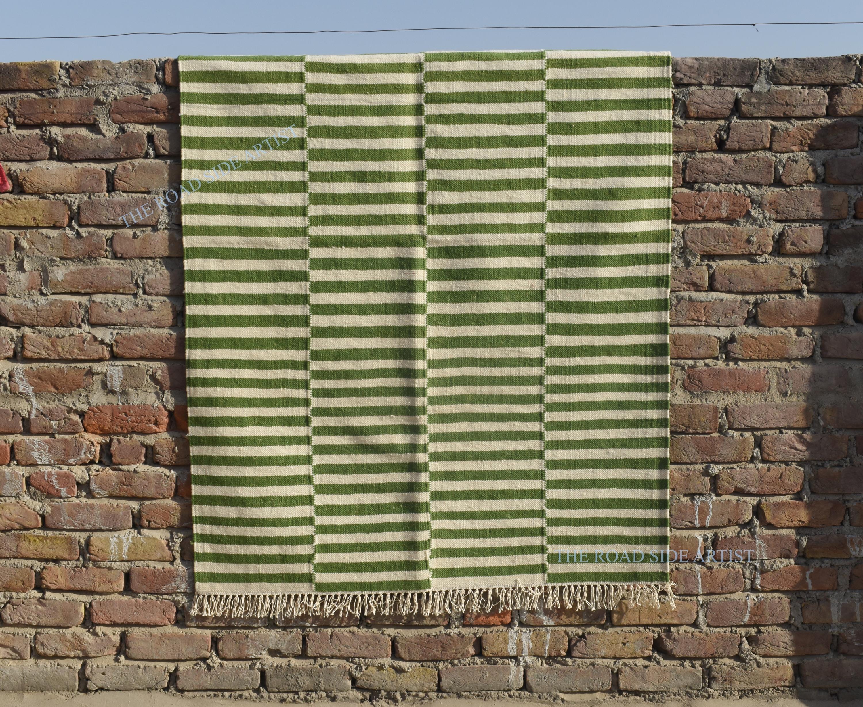 4x6 New Zealand Wool Green and white woven Woolen Rug- 100% Handmade Wool Cotton mix Rug Kilim Carpet - Reversible Rug