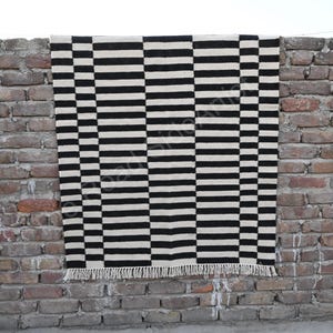 Wool Black and white Modern Stripes Woolen Rug- 100% Handmade Wool Cotton mix Rug Kilim Carpet - Reversible Rug- Flat Weave Indian Rug
