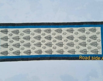 Cotton Runner Black And White with Blue Hand Block Print indian Rug- Pure Cotton Runner Rug Dhurrie