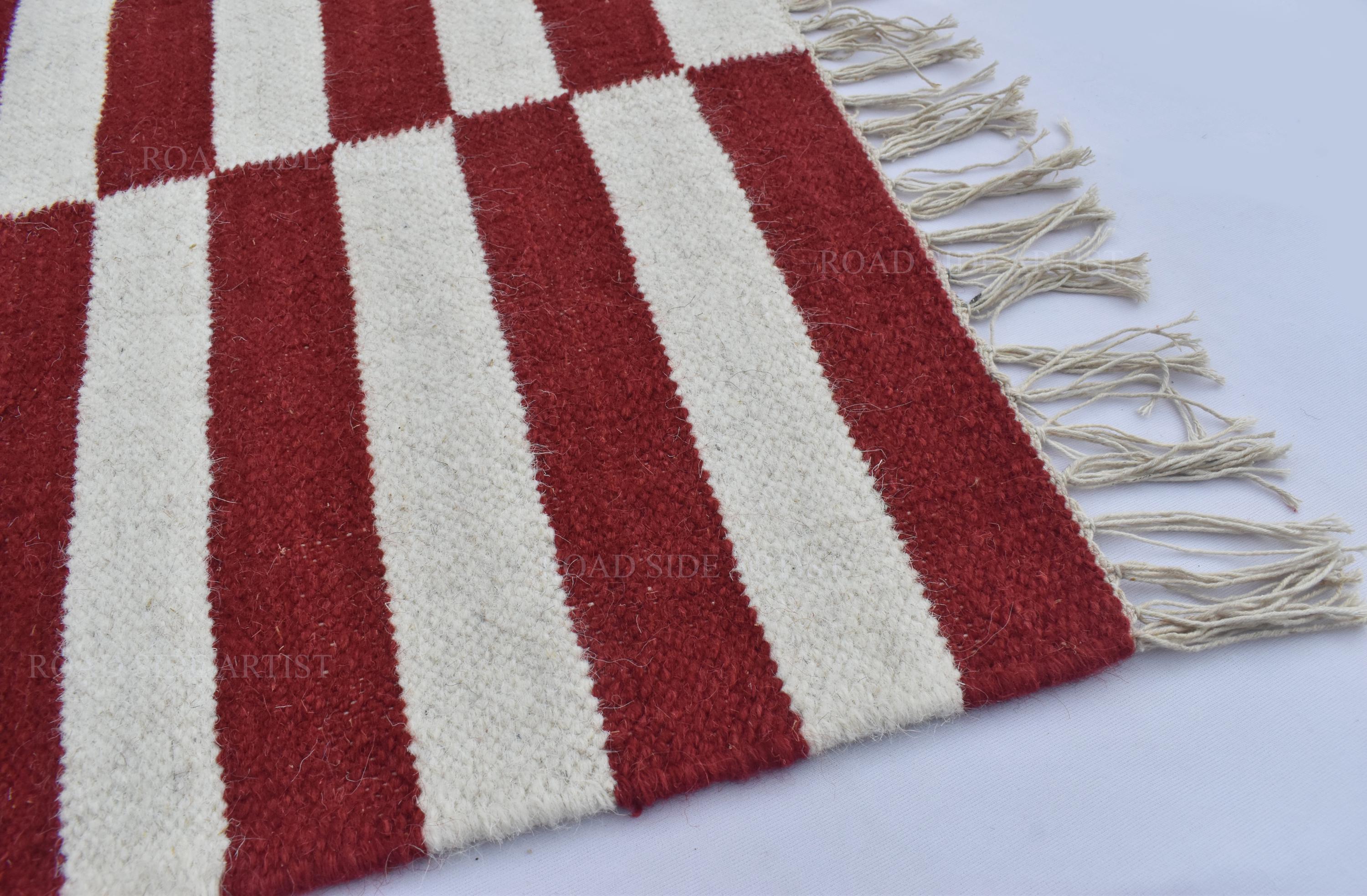 Wool Dark Red and White Modern Stripes Woolen Rug- 100% Handmade Wool ...