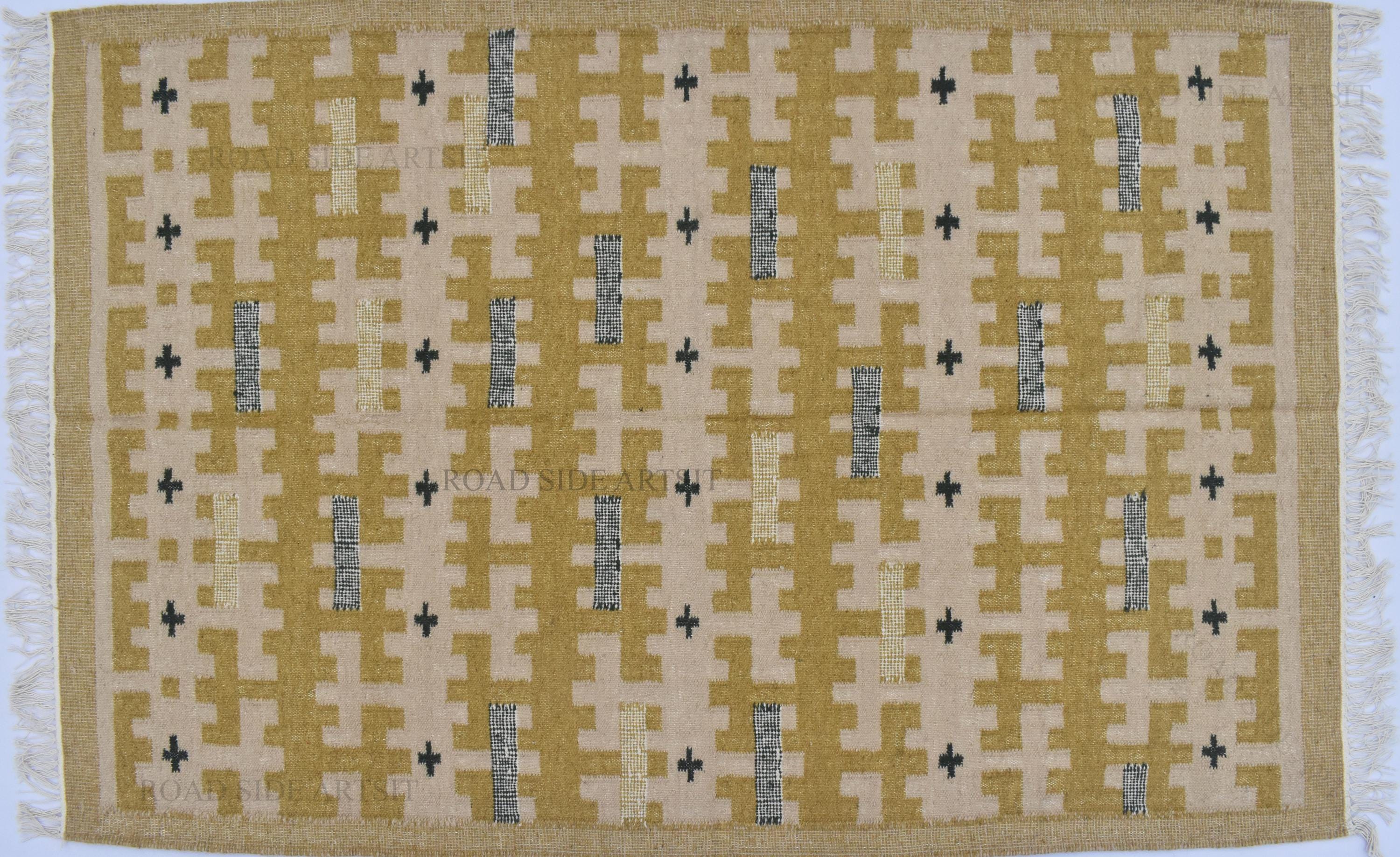 Wool Yellow and Beige Indian Woolen Rug- 100% Handmade Wool Cotton mix  Rug Kilim Carpet - Reversible Rug