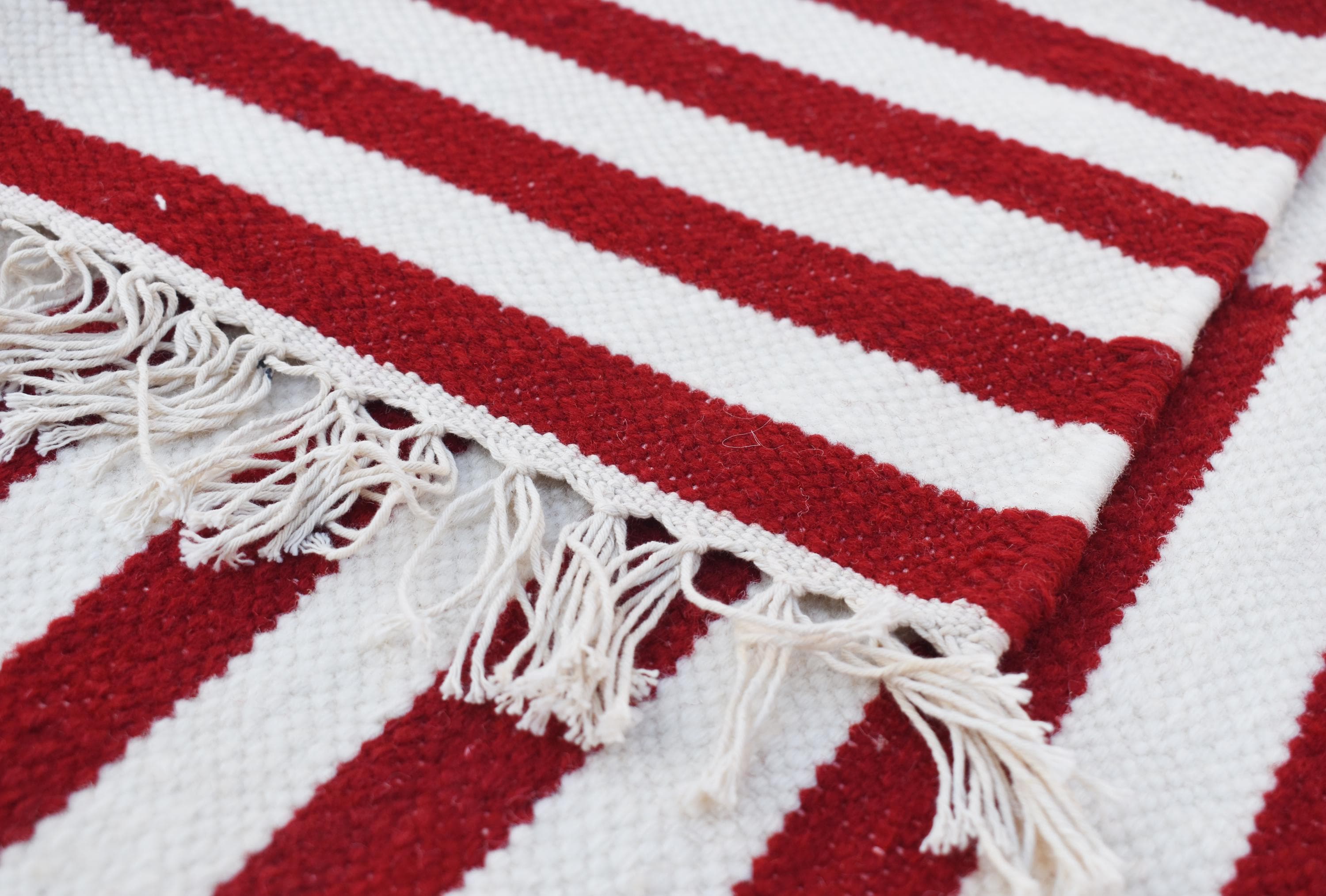 Red Rug White Line Work Wool Dark Red and White Modern Stripes Woolen Rug- 100% Handmade Wool ...