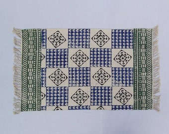 2'X3' Cotton Handblock Printed Green,Blue and Black Rug - Handmade Block Print 60*90 Cm