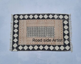 2&#39;X3&#39; Cotton Handblock Printed Black & White Rug - Handmade Block Print 60*90 Cm