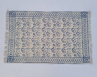 2'X3' Cotton Blue & White Handblock Printed - Beautiful Handmade Block Print Small Rug 60*90 cm