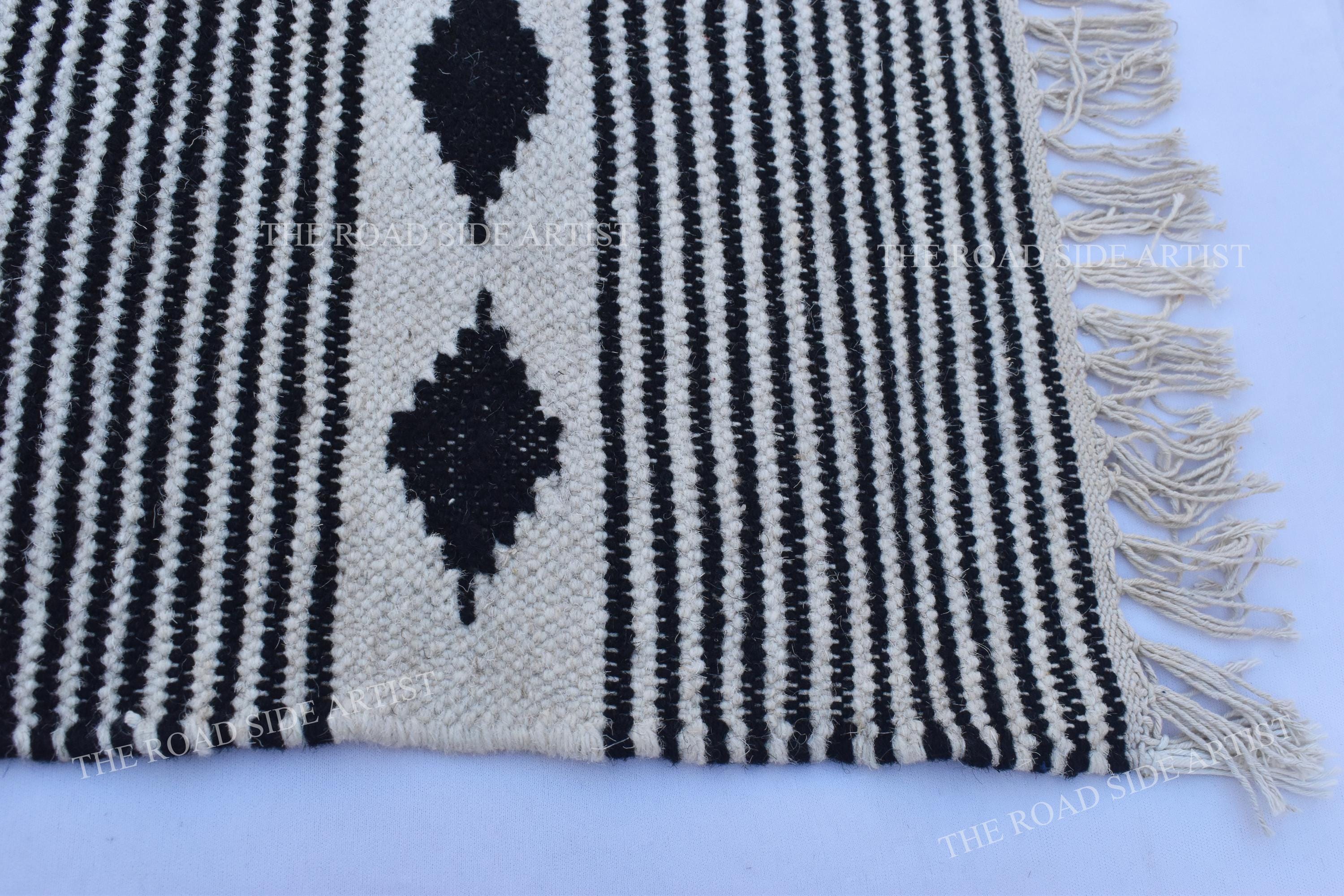 New Zealand Wool White and Black Modern Stripes Flat Weave Hand 