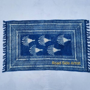2&#39;X3&#39; Cotton Indigo Blue & White Handblock Printed - 100% Cotton Handmade  Print Small Rug 60*90 cm