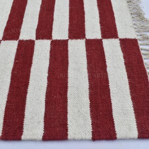 Wool Dark Red and White Modern Stripes Woolen Rug- 100% Handmade Wool ...
