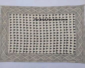 8x10 Cotton Black and white Hand Block Printed indian Rug- Black and White Kilim