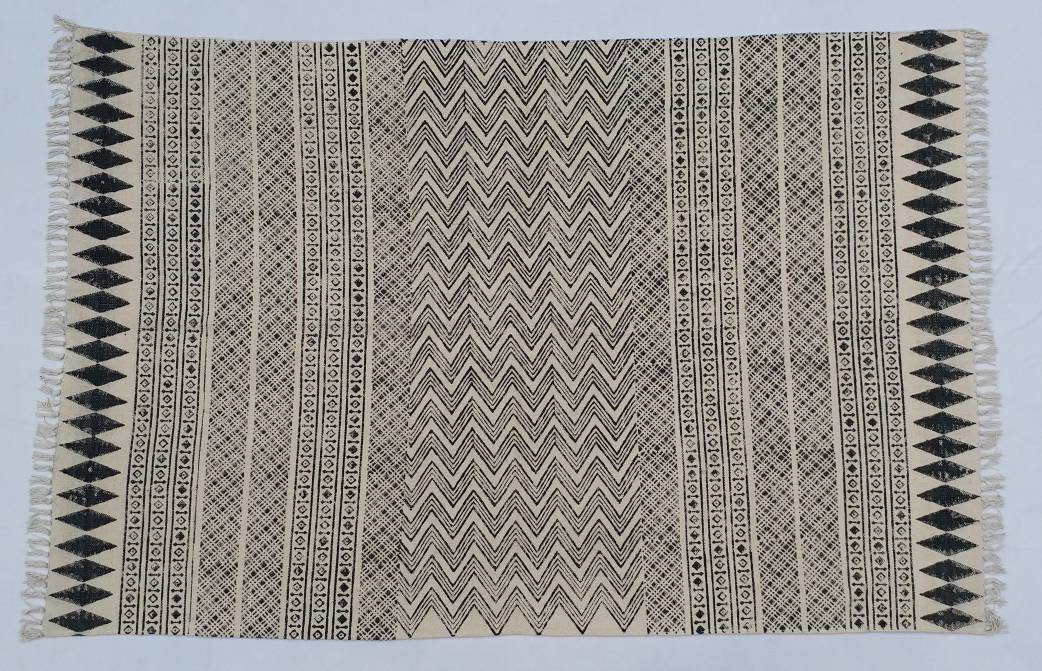 Multi Size Cotton Black & White Hand Block Print Indian Rug- Handmade ...