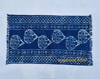 2&#39;X3&#39; Cotton Indigo Blue & White Handblock Printed - 100% Cotton Handmade  Print Small Rug 60*90 cm
