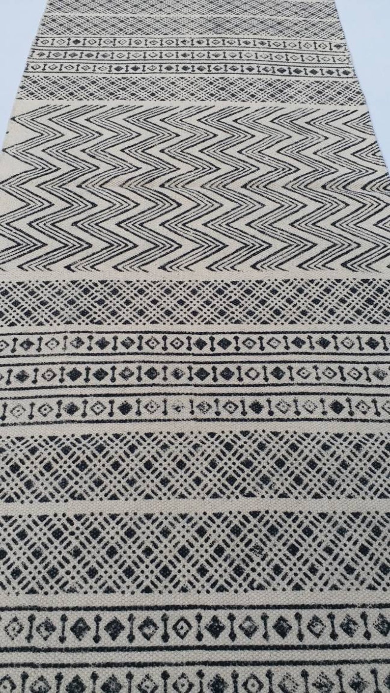 Cotton Runner Black & White Hand Block Print Indian Rug | Etsy
