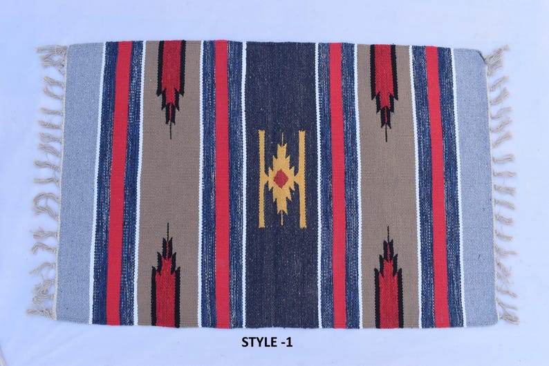 Puede incluir: Una alfombra rayada con un patr&oacute;n geom&eacute;trico en el centro. La alfombra tiene rayas rojas, azules y beige con un borde blanco. El patr&oacute;n geom&eacute;trico est&aacute; en tonos de amarillo, rojo y azul. La alfombra est&aacute; etiquetada como "STYLE-1".