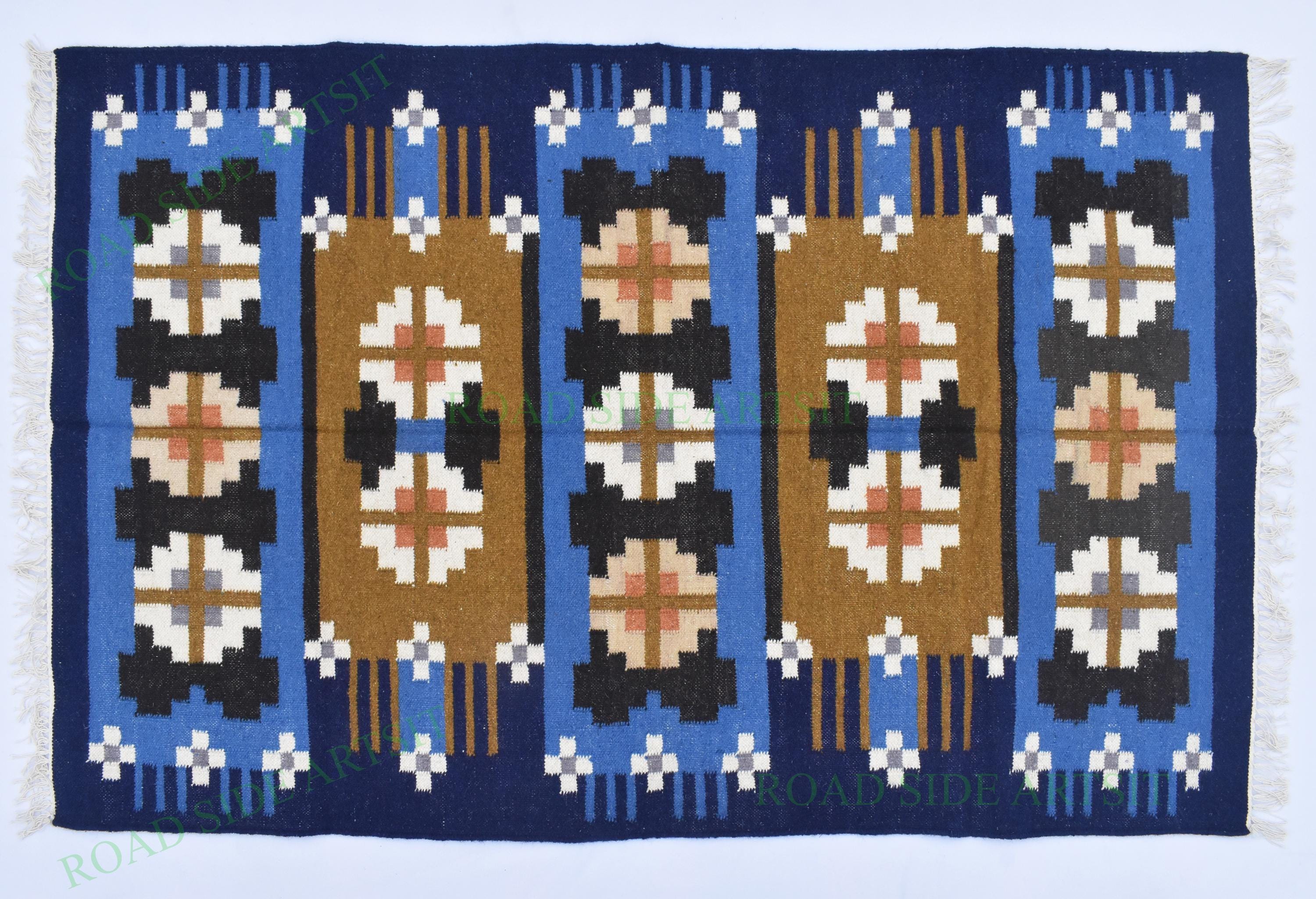 Wool Dark Navy Blue woven Indian Woolen Rug- 100% Handmade Wool Cotton mix  Rug Kilim Carpet - Reversible Rug